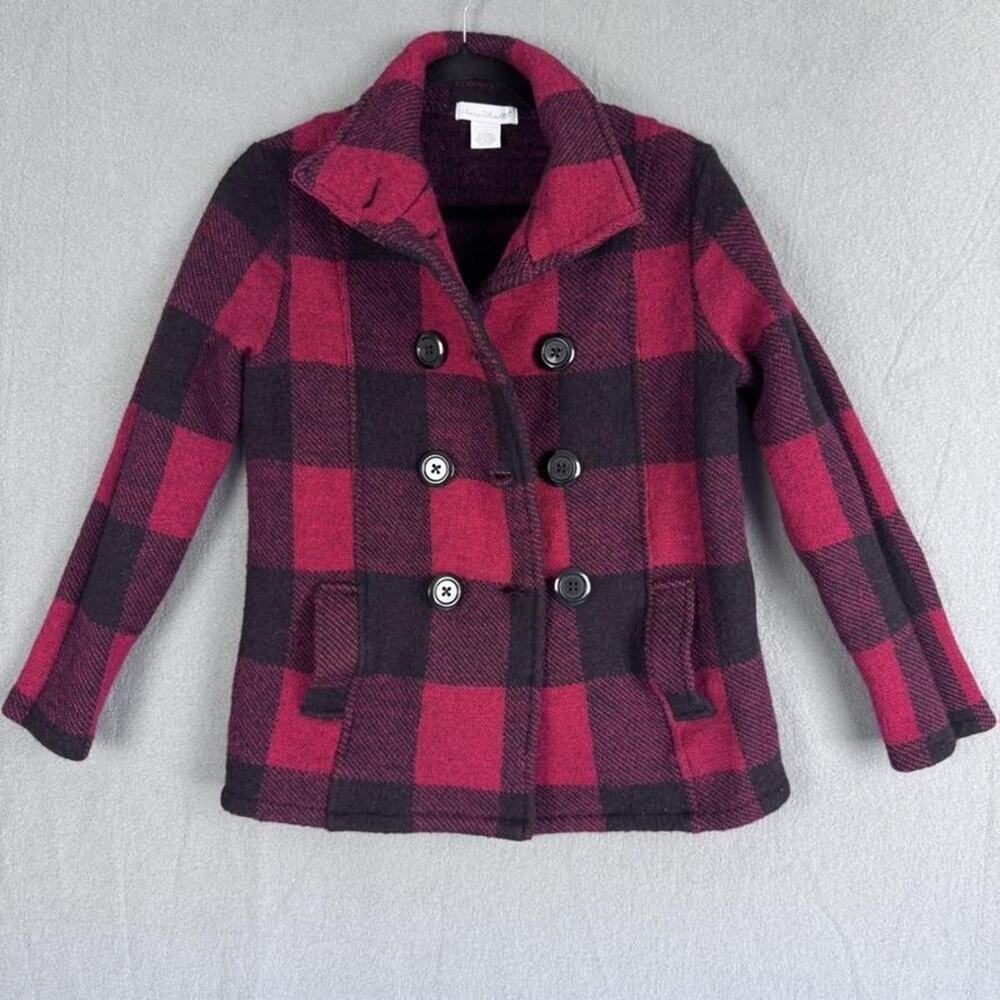 Keren Hart Coat Womens Large Red Black Buffalo Plaid Wool Peacoat Stand Collar‎